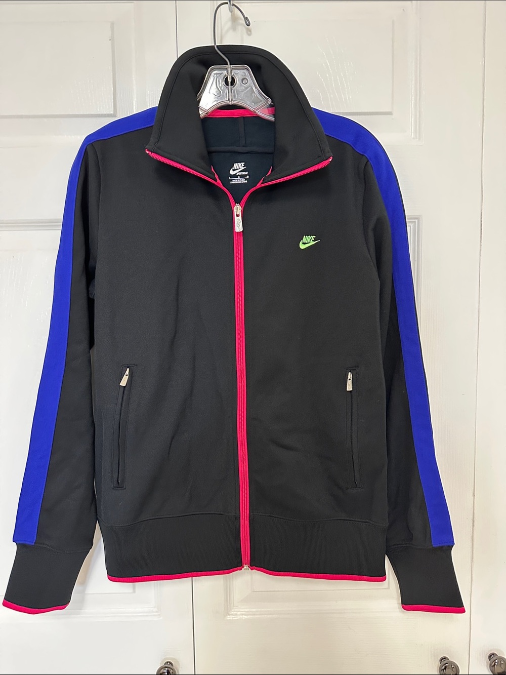 NWOT Nike Black Track Jacket with Blue Sleeves and Pink Trim